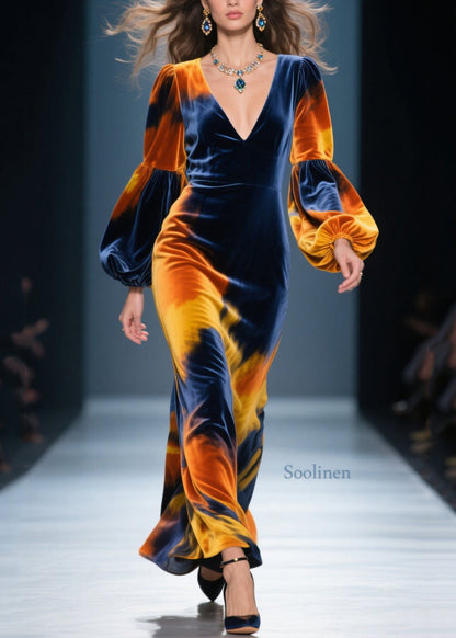 V Neck Tie Dye Velvet Long Dress Lantern Sleeve