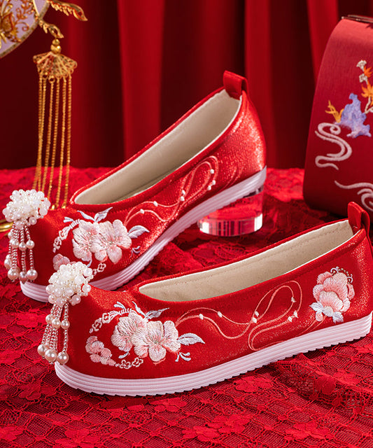 Wedding Flat Shoes for Red Embroideried Cotton Fabric