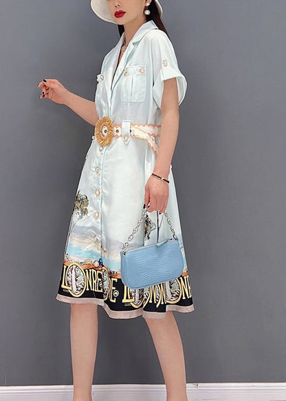 White Button Peter Pan Collar Pockets Print Silk Shirt Dress Short Sleeve