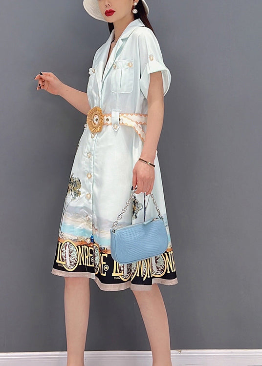 White Button Peter Pan Collar Pockets Print Silk Shirt Dress Short Sleeve
