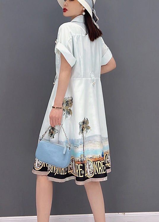 White Button Peter Pan Collar Pockets Print Silk Shirt Dress Short Sleeve