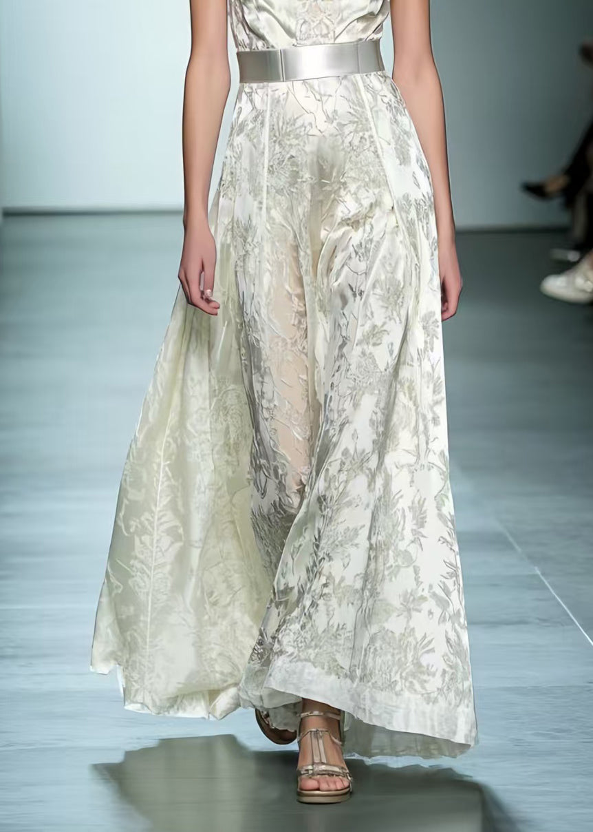 White Cinched Jacquard Silk Dinner Dress Summer
