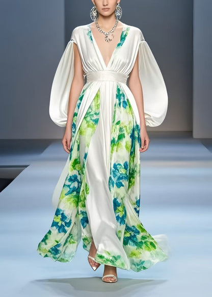 White Cinched Patchwork Silk Dress Cloak Sleeves
