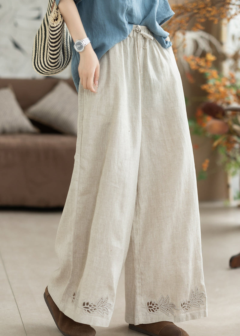 White Embroidered Elastic Waist Linen Straight Pants Summer