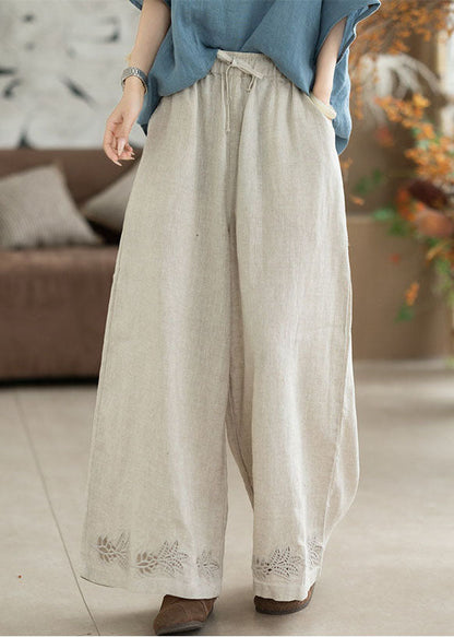 White Embroidered Elastic Waist Linen Straight Pants Summer