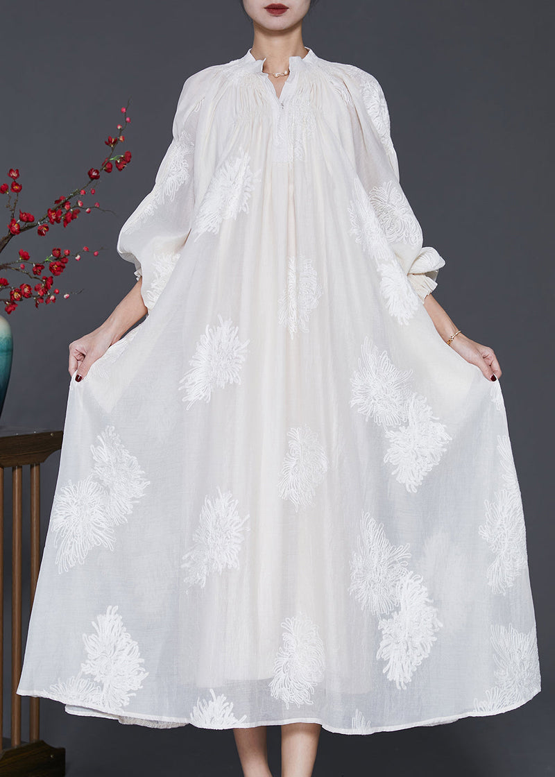 Off White Embroidered Silk Maxi Dress Lantern Sleeve
