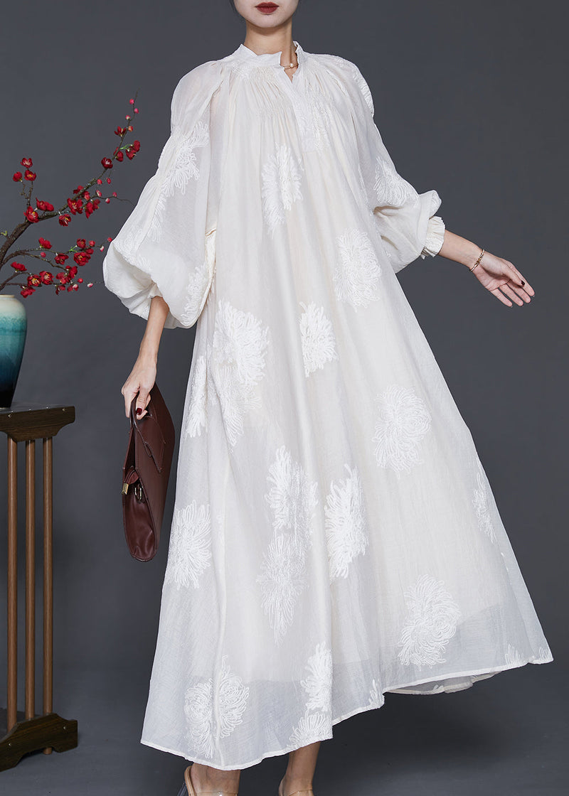 Off White Embroidered Silk Maxi Dress Lantern Sleeve