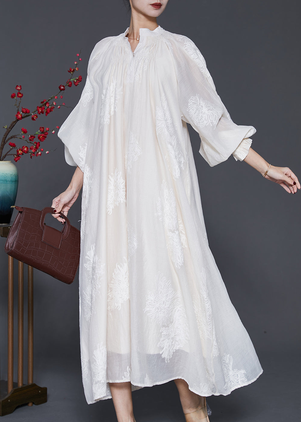 Off White Embroidered Silk Maxi Dress Lantern Sleeve