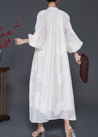 Off White Embroidered Silk Maxi Dress Lantern Sleeve