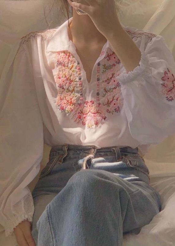 White Embroidered Patchwork Chiffon Shirt Fall