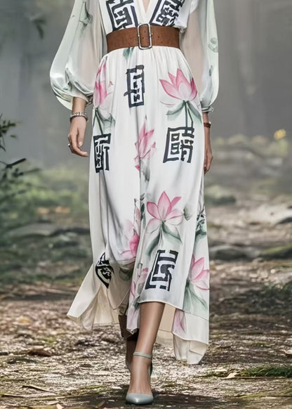 White Lotus Print Silk Holiday Tunic Dress Spring