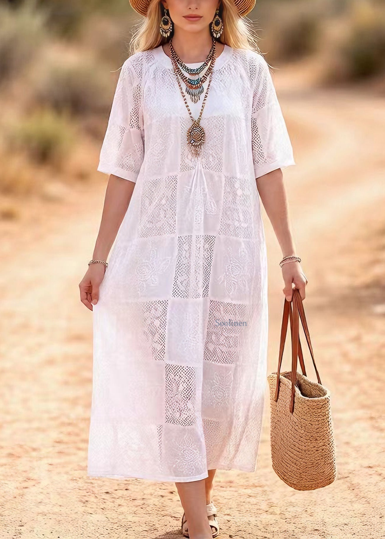 White O Neck Embroidered Lace Maxi Dress Summer