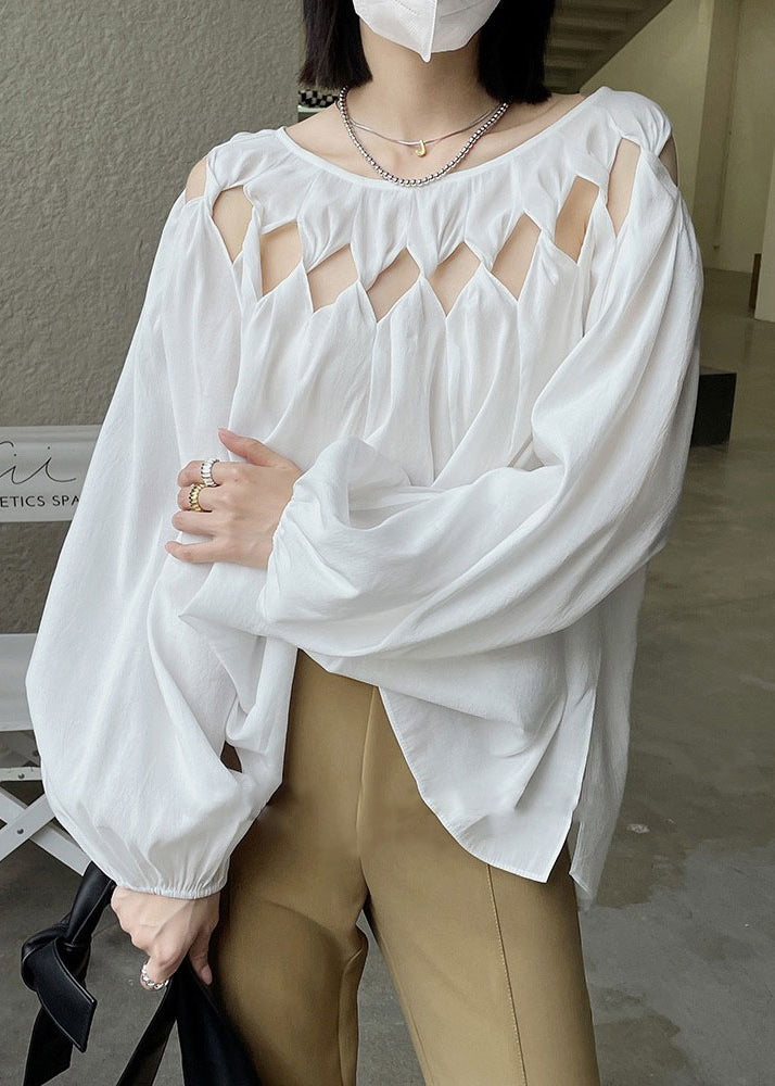 White O Neck Hollow Out Patchwork Cotton Shirt Top Fall