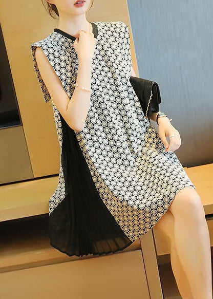 White O-neck Patchwork Print Wrinkled Mini Dress Sleeveless