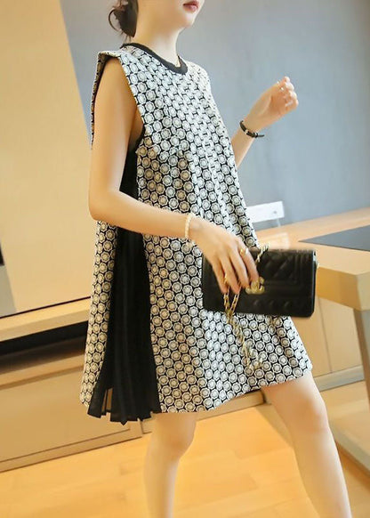 White O-neck Patchwork Print Wrinkled Mini Dress Sleeveless