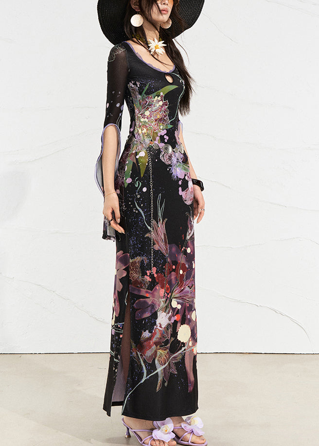 White O-neck Print Side Open Long Dress Flare Sleeve