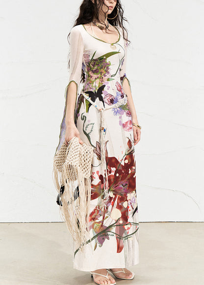 White O-neck Print Side Open Long Dress Flare Sleeve