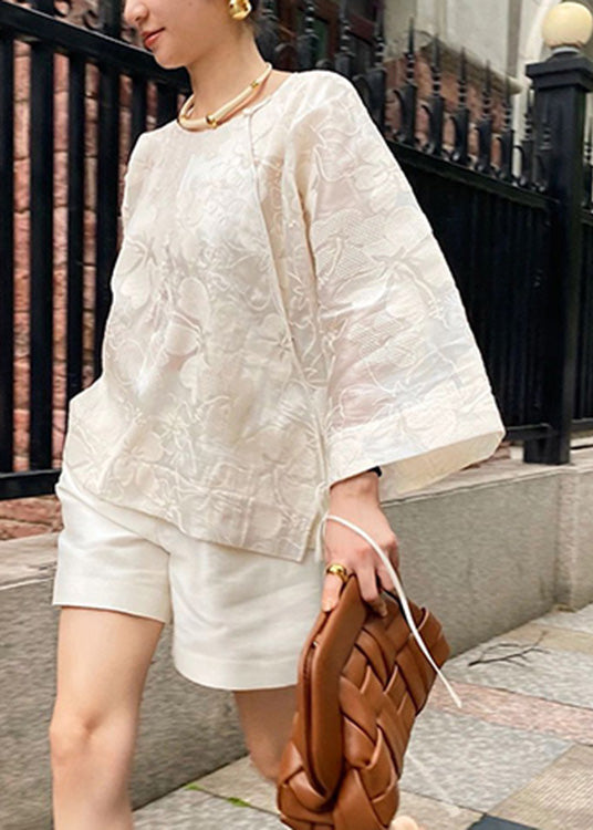 White O-neck Silk Top and Shorts Two Pieces Set Spring