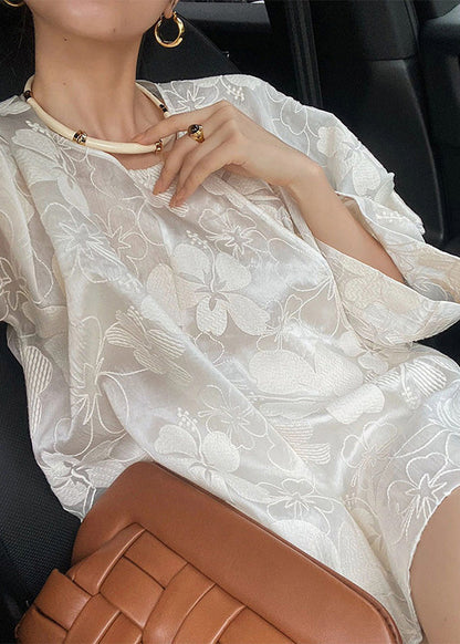 White O-neck Silk Top and Shorts Two Pieces Set Spring