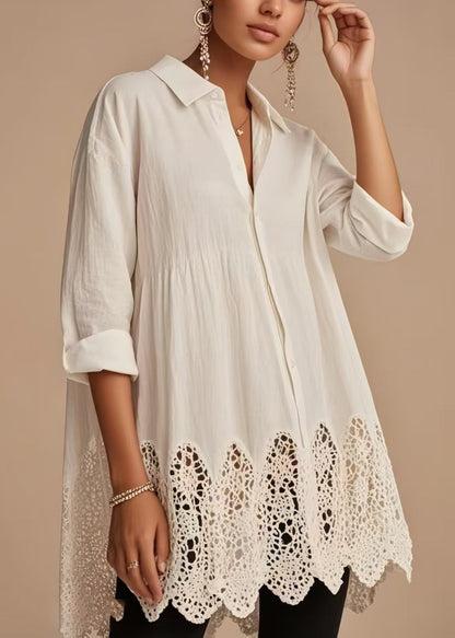 Beautiful White Oversized Hollow Out Cotton Long Top Spring