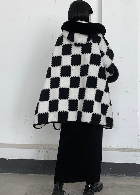 White Oversized Plaid Woolen Hooded Jacket Winter