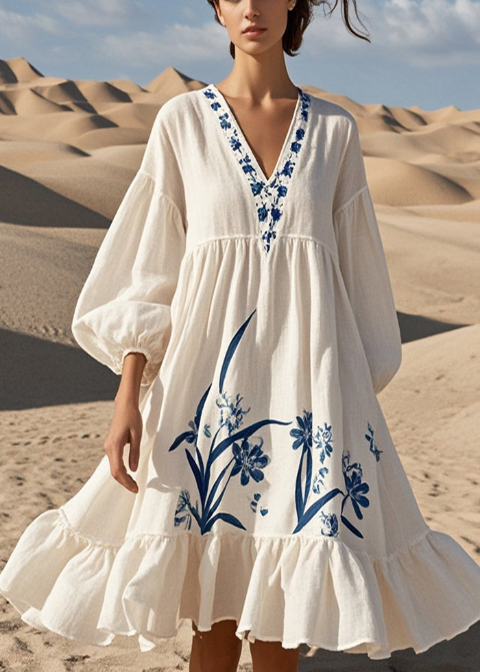 White Oversized Print Cotton Dress Bracelet Sleeve
