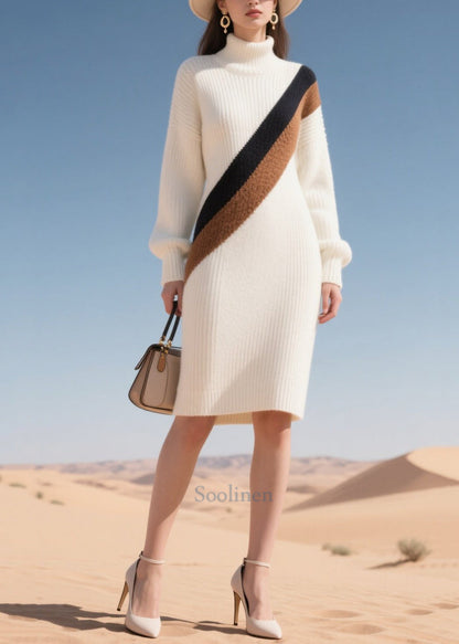 White Patchwork Thick Sweater Dress Winter