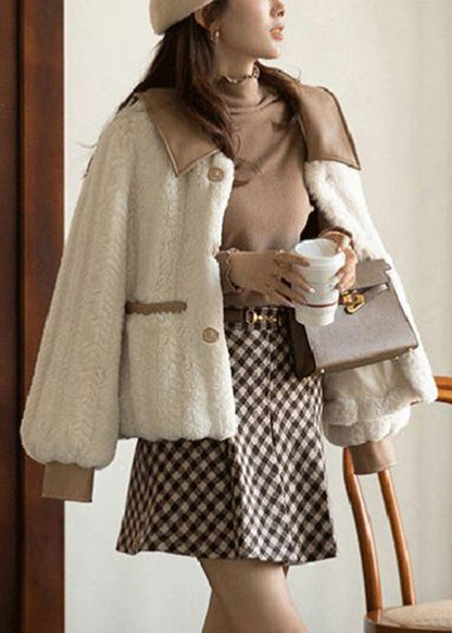 White Peter Pan Collar Button Faux Fur Coats Winter