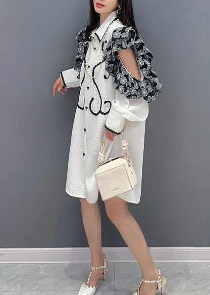 White Peter Pan Collar Print Button Maxi Shirts Dresses Puff Sleeve