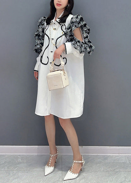 White Peter Pan Collar Print Button Maxi Shirts Dresses Puff Sleeve