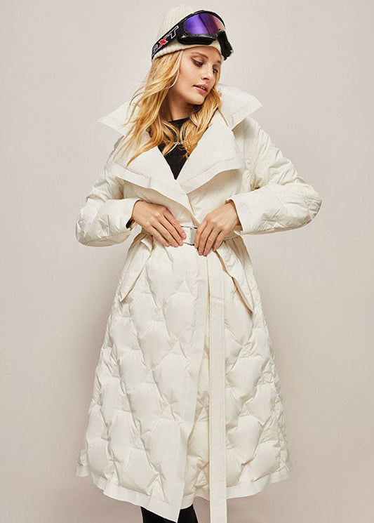 White Peter Pan Collar Color Sashes Warm Duck Down Puffer Jacket Winter