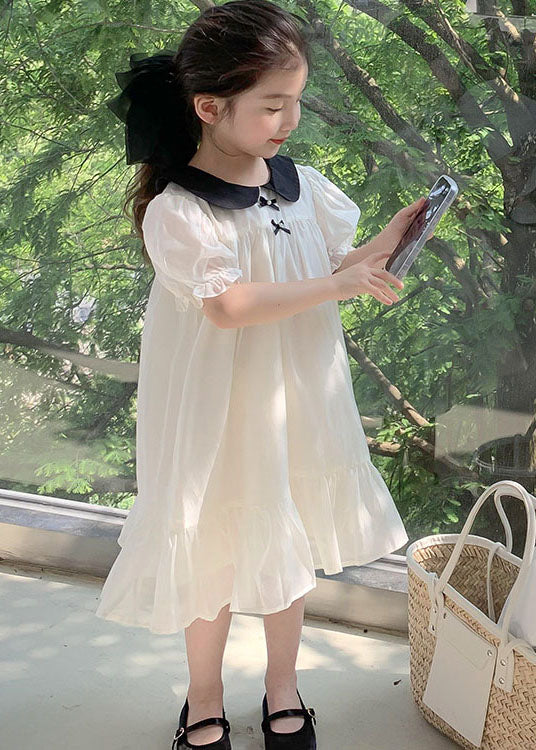 White Peter Pan Collar Wrinkled Patchwork Cotton Kids Dress Summer