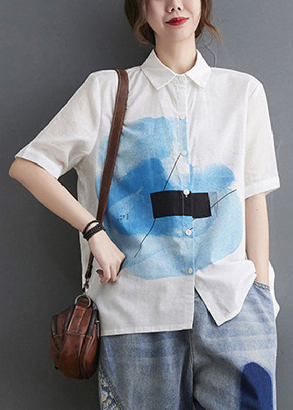 White Peterpan Collar Button Print Fall Half Sleeve Shirt Top
