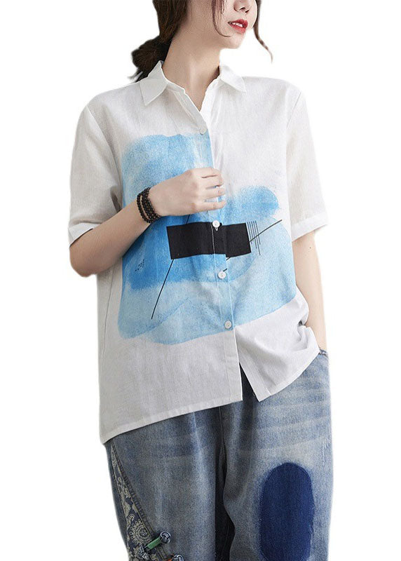 White Peterpan Collar Button Print Fall Half Sleeve Shirt Top