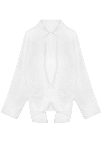 Beautiful White PeterPan Collar Button asymmetrical design Fall Long sleeve Blouse Tops