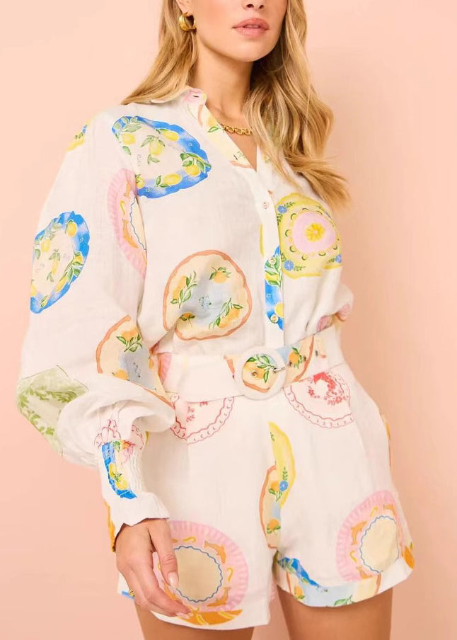 White Print Button Shirts and Shorts Two Pieces Set Spring
