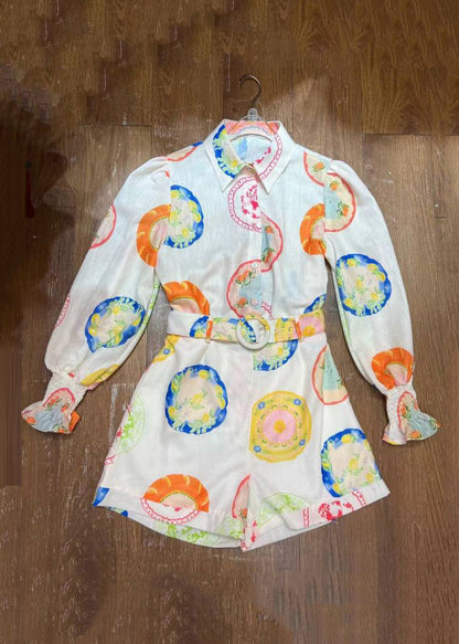 White Print Button Shirts and Shorts Two Pieces Set Spring