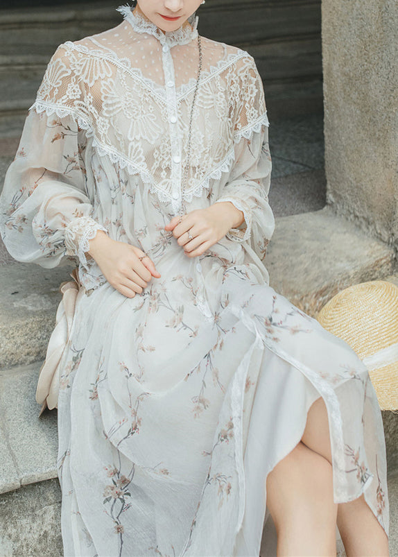 White Print Lace Patchwork Chiffon Two Pieces Dresses Fall