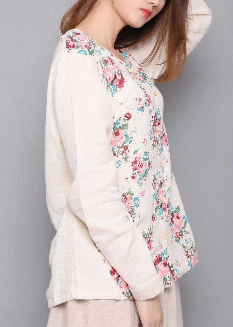 White Print Linen Spring Top