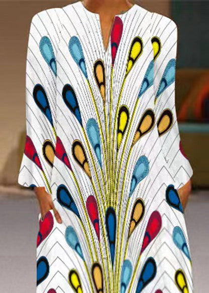White Print Pockets Maxi Dresses Long Sleeve