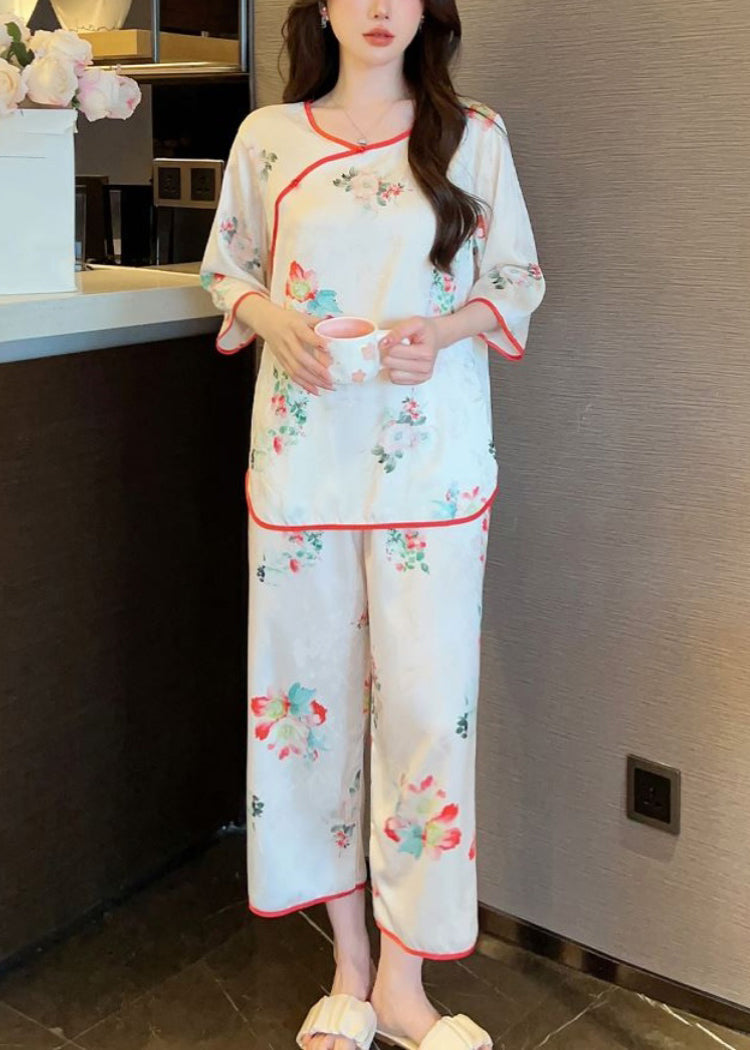 White Print Tops and Crop Pants Ice Silk Pajamas Two-piece Set Summer