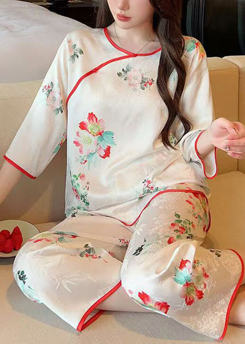 White Print Tops and Crop Pants Ice Silk Pajamas Two-piece Set Summer