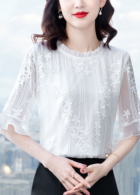 White Ruffled Embroideried Patchwork Chiffon Blouse Tops Summer