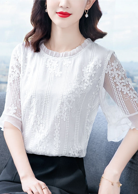 White Ruffled Embroideried Patchwork Chiffon Blouse Tops Summer