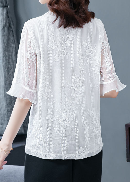White Ruffled Embroideried Patchwork Chiffon Blouse Tops Summer