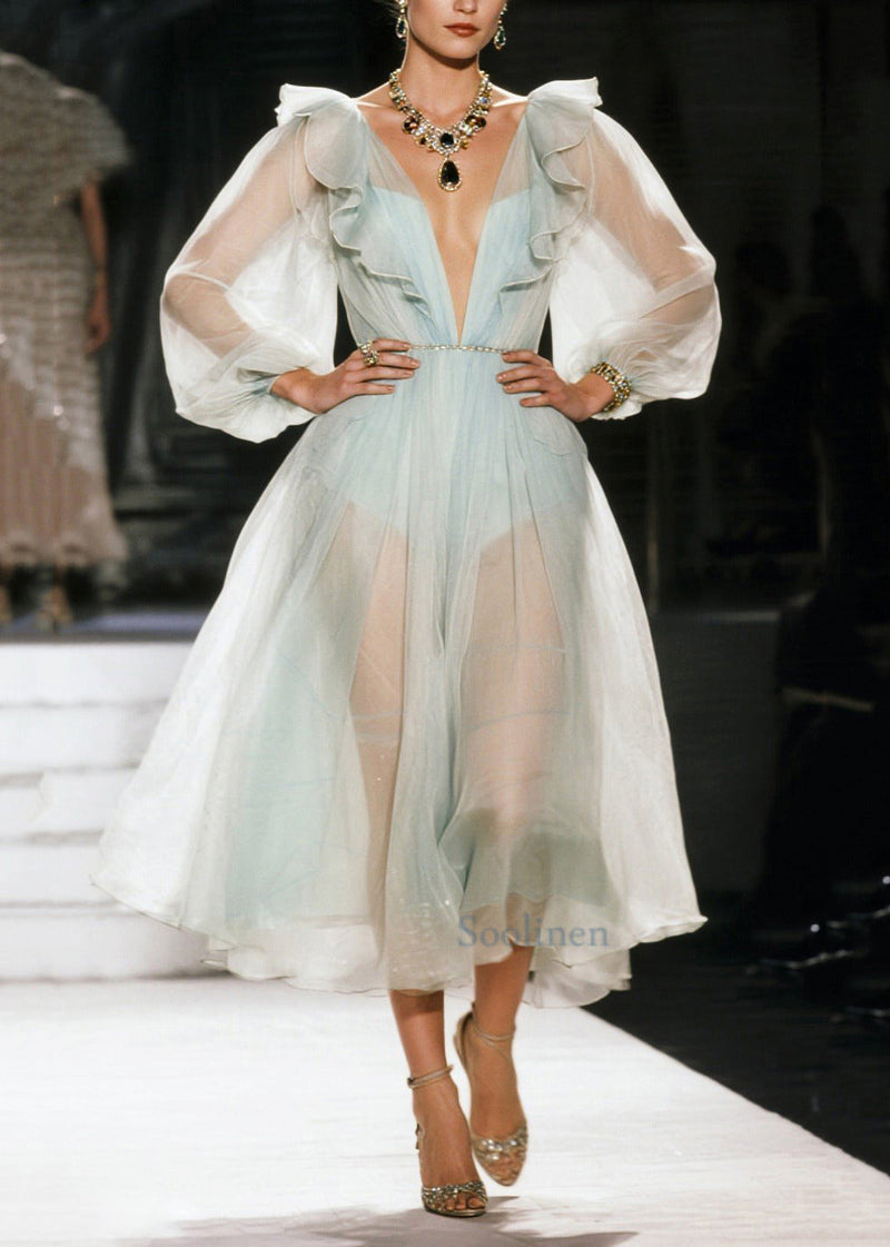 White Ruffled Sheer Organza Holiday Dress Summer