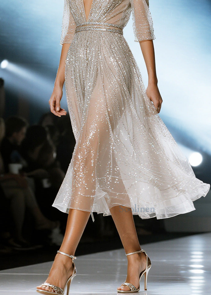 White Sequins Hollow Out Tulle Party Dresses Summer