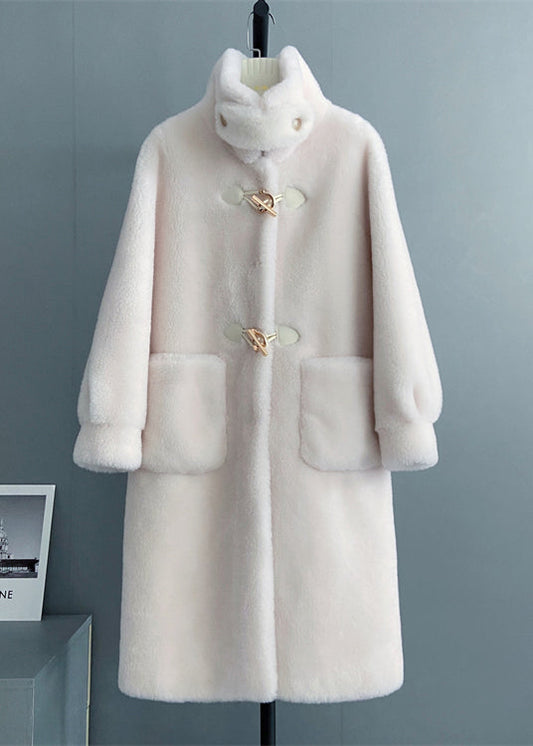 White Stand Collar Button Pockets Wool Outwear Winter