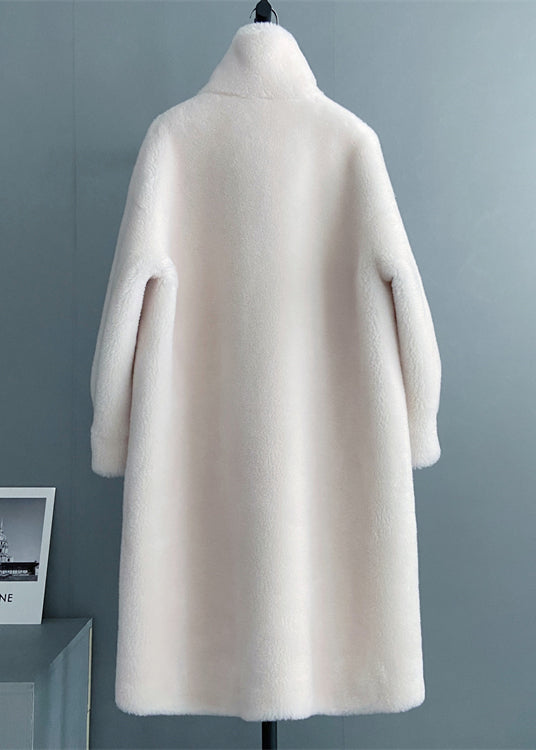 White Stand Collar Button Pockets Wool Outwear Winter
