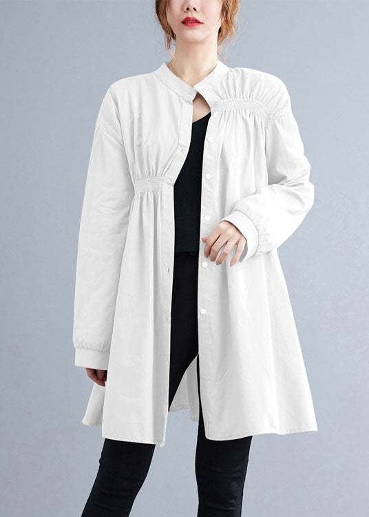 White Stand Collar Button Wrinkled Fall Shirt Top Long Sleeve